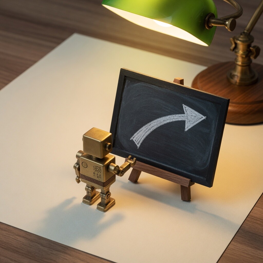 Green banker's lamp lighting a brass robot that points at a chalkboard arrow on a cream sheet over walnut grain.