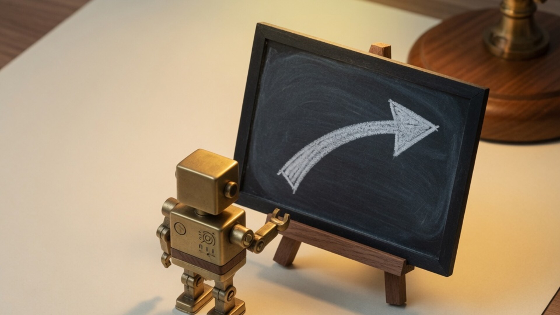 Small brass robot standing beside a mini chalkboard with a chalk arrow, on cream paper under a green banker's lamp on walnut.